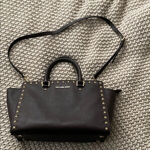 Michael Kors Dark Brown Coated Saffiano Leather Satchel with Gold Stud Accents